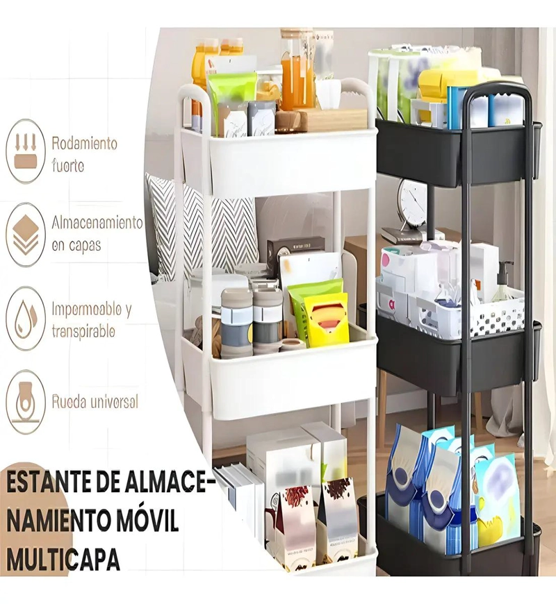 CARRITO DE ALMACENAMIENTO CON 3 NIVELES EN COLOR GRIS PARA ORGANIZACION - 4