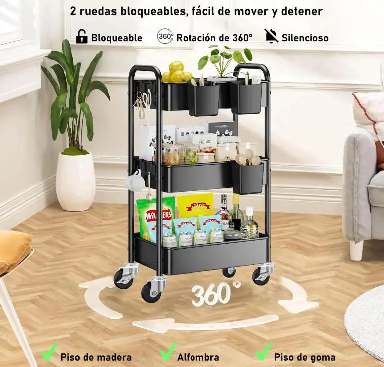 CARRITO ORGANIZADOR METALICO MULTIUSOS DE 3 NIVELES CON RUEDAS PARA FACIL MOVIL - 5