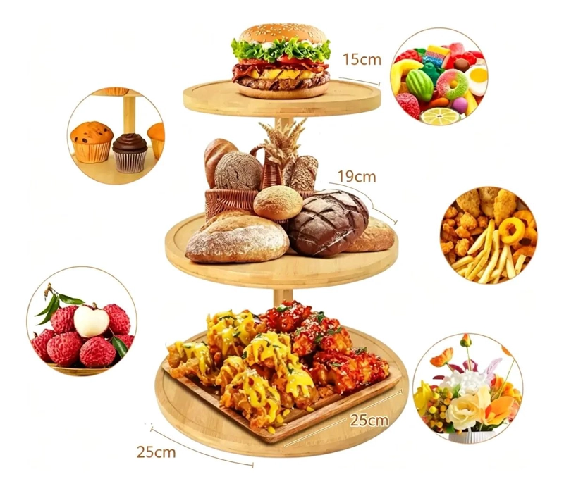 BANDEJA REDONDA DE BAMBU DE 3 NIVELES PARA POSTRES Y PICOTEO - 2
