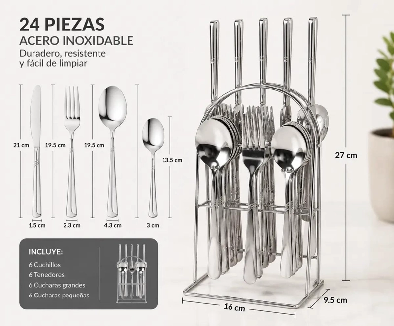 SET DE CUBIERTOS DE ACERO INOXIDABLE CON 24 PIEZAS Y ORGANIZADOR - 2