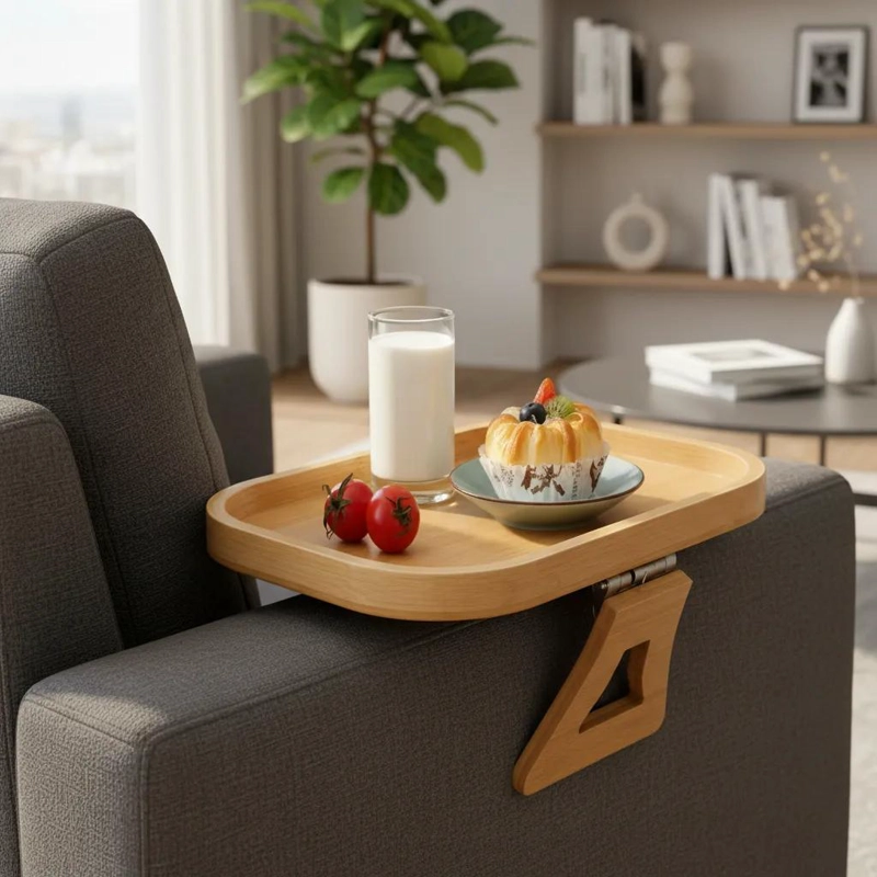 BANDEJA DE BAMBU PLEGABLE PARA BRAZO DE SOFA CON CLIP DE APOYO - 2