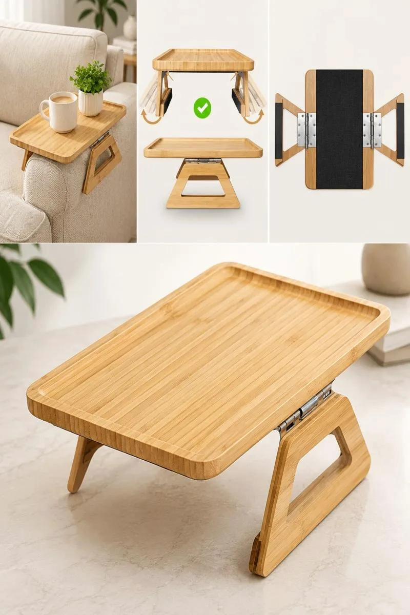 BANDEJA DE BAMBU PLEGABLE PARA BRAZO DE SOFA CON CLIP DE APOYO - 3