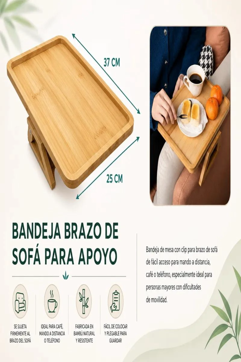 BANDEJA DE BAMBU PLEGABLE PARA BRAZO DE SOFA CON CLIP DE APOYO - 4