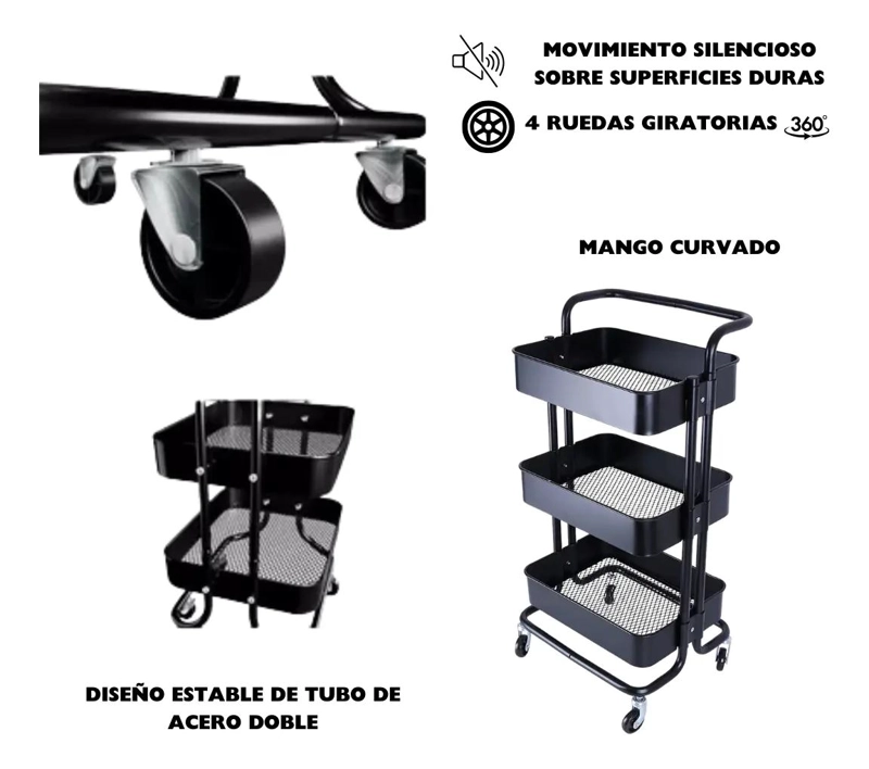 CARRITO ORGANIZADOR METALICO DE 3 NIVELES PARA ALMACENAMIENTO - 5