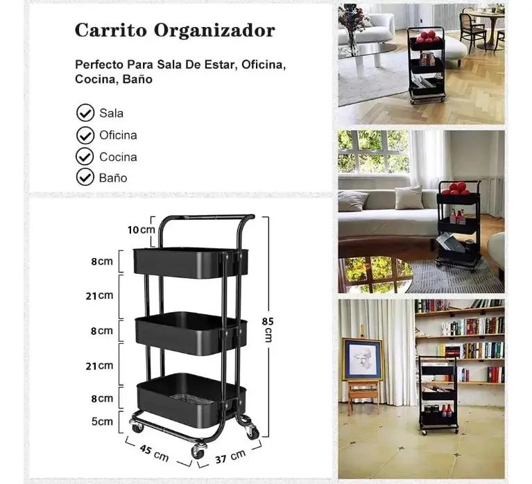 CARRO ORGANIZADOR MULTIUSO CON 3 NIVELES Y RUEDAS PARA ALMACENAMIENTO - 2
