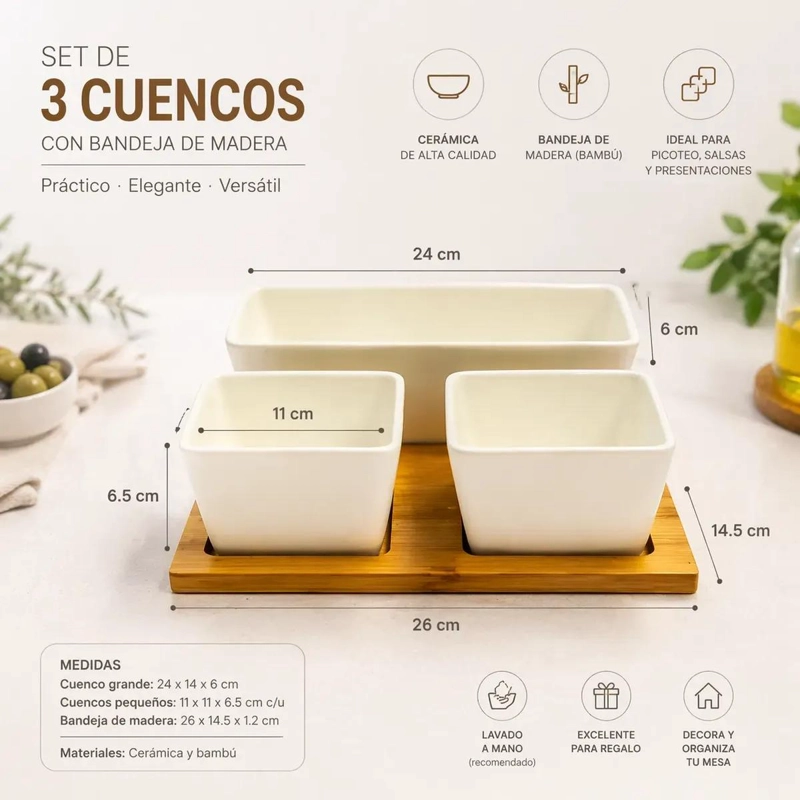 SET DE 3 CUENCOS DE CERAMICA CON BANDEJA DE BAMBU PARA PICOTEO - 2