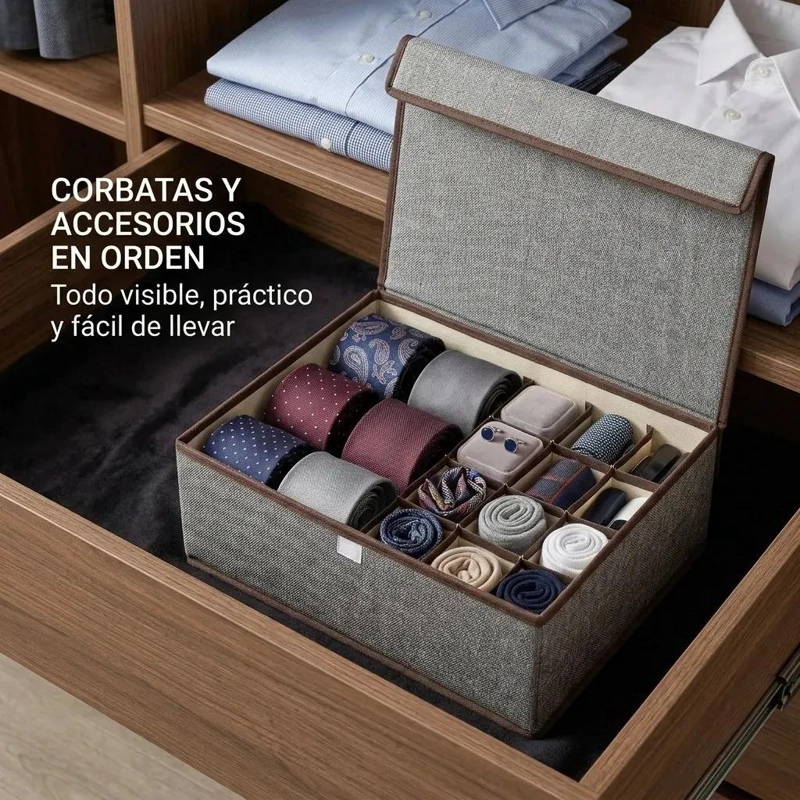 ORGANIZADOR PARA CORBATAS Y ACCESORIOS CON COMPARTIMENTOS MULTIPLES GRIS - 2