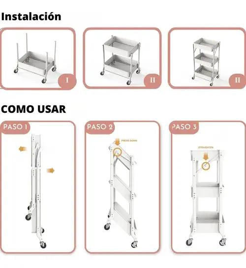 CARRO METALICO PLEGABLE CON RUEDAS Y TRES NIVELES DE ALMACENAMIENTO - 4