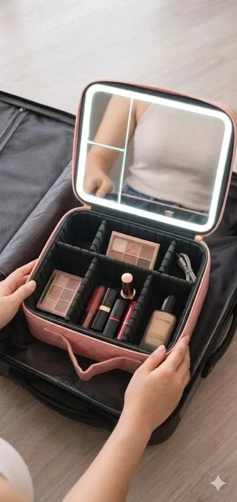 ORGANIZADOR DE MAQUILLAJE PORTATIL CON ESPEJO Y LUZ LED REGULABLE - 4