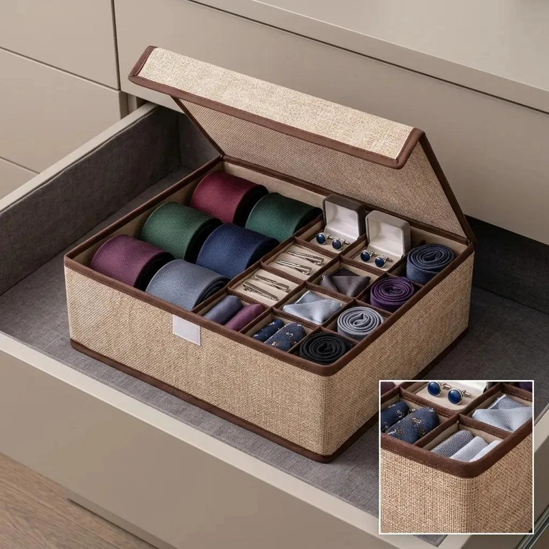 ORGANIZADOR PARA CORBATAS Y ACCESORIOS EN COLOR BEIGE CON COMPARTIMENTOS - 1