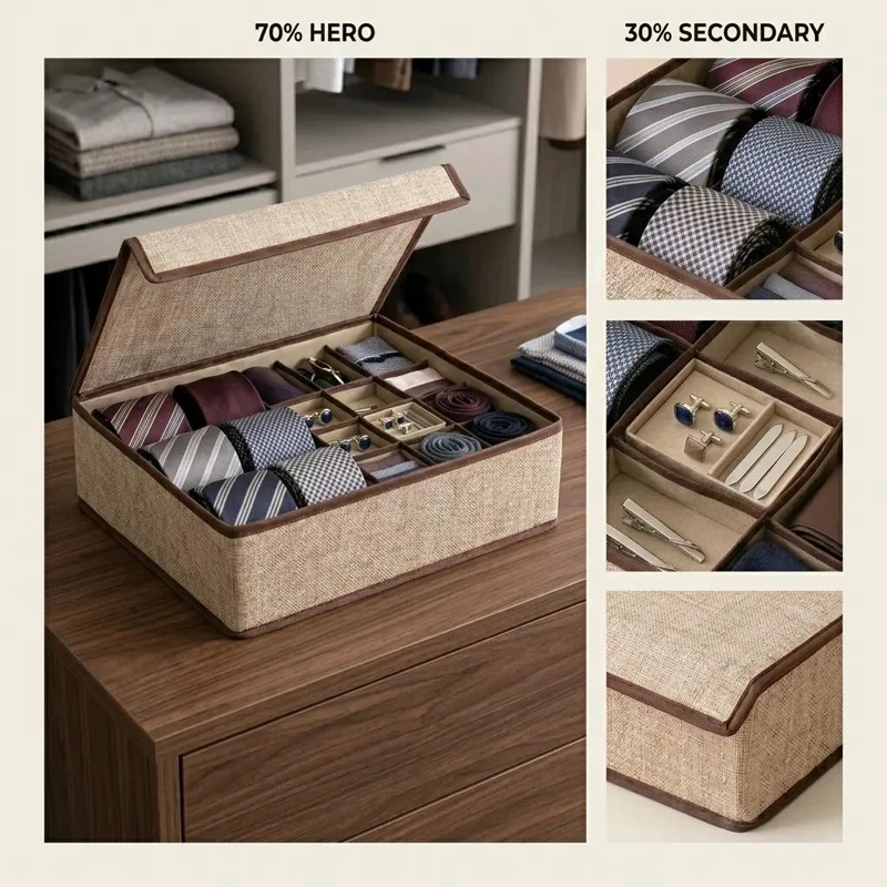 ORGANIZADOR PARA CORBATAS Y ACCESORIOS EN COLOR BEIGE CON COMPARTIMENTOS - 2