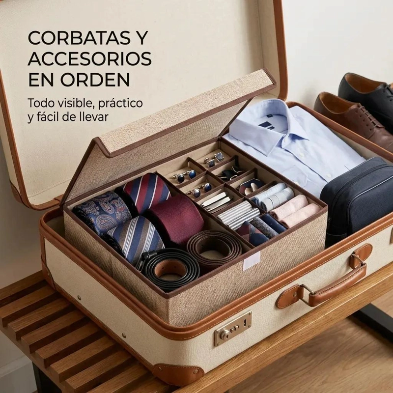 ORGANIZADOR PARA CORBATAS Y ACCESORIOS EN COLOR BEIGE CON COMPARTIMENTOS - 4