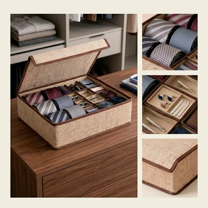 ORGANIZADOR PARA CORBATAS Y ACCESORIOS EN COLOR BEIGE CON COMPARTIMENTOS - 5