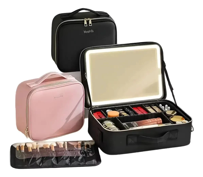 BOLSA PORTATIL PARA MAQUILLAJE CON ESPEJO Y LUZ LED INTEGRADA - 3