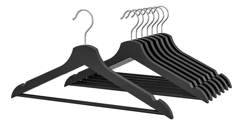 SET DE 8 COLGADORES DE MADERA MACIZA NATURAL PARA ROPA DE 43 CM EN COLOR NEGRO - 1
