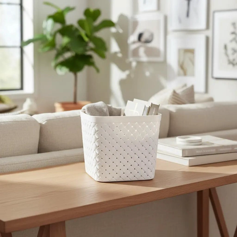 SET DE 4 CANASTOS ORGANIZADORES DE PLASTICO CON DISEÑO RATTAN - 1