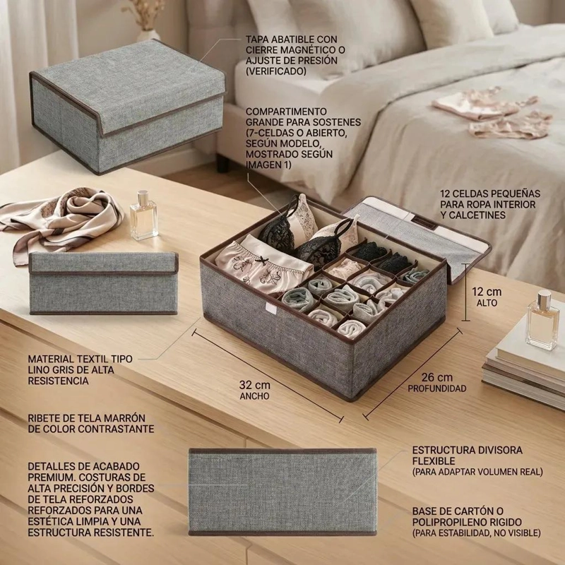 CAJA ORGANIZADORA PARA ROPA INTERIOR FEMENINA CON DIVISIONES COLOR GRIS - 2