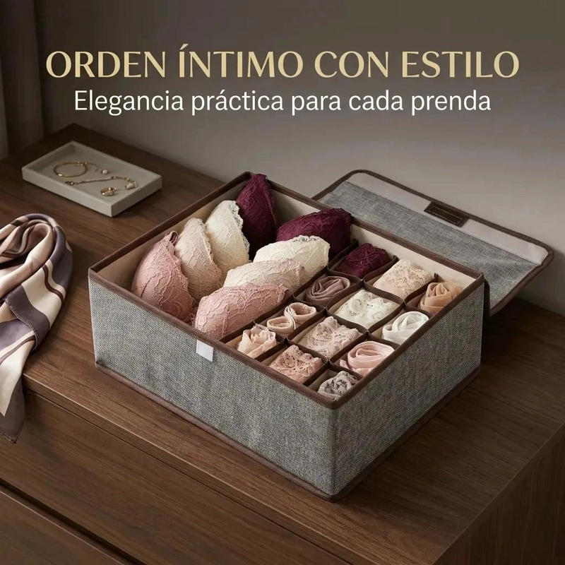 CAJA ORGANIZADORA PARA ROPA INTERIOR FEMENINA CON DIVISIONES COLOR GRIS - 4