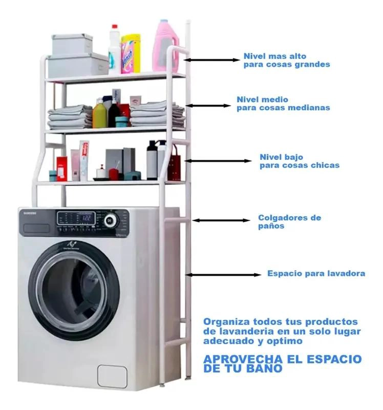 MUEBLE ORGANIZADOR PARA BAÑO CON ESTANTES Y ESPACIO PARA LAVADORA - 3