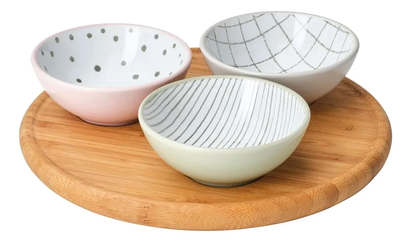 SET DE 3 RECIPIENTES DE CERAMICA CON BANDEJA DE BAMBU MULTICOLOR 21 CM - 1