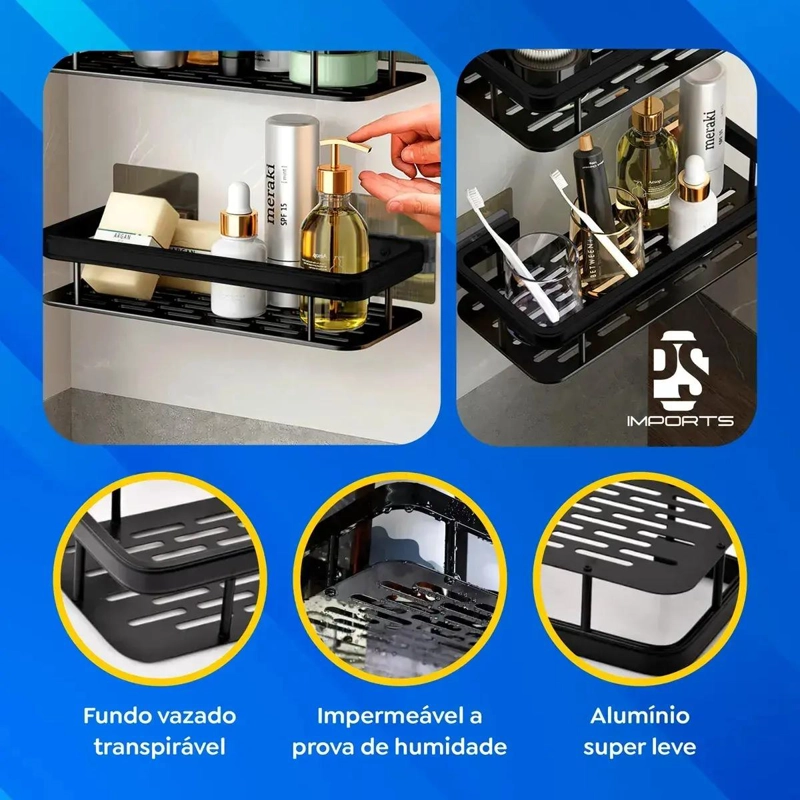 SET DE 2 REPISAS ADHESIVAS NEGRAS PARA ORGANIZAR BAÑO Y DUCHA - 3