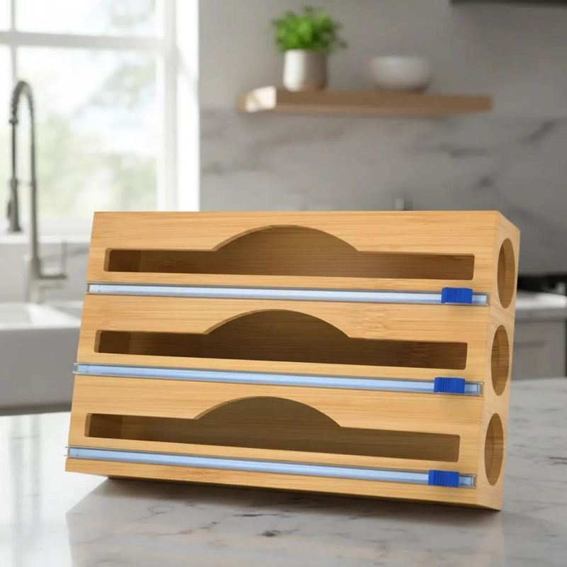 DISPENSADOR TRIPLE SOPORTE PARA PAPEL FILM ENCERADO CON BASE DE BAMBU - 1