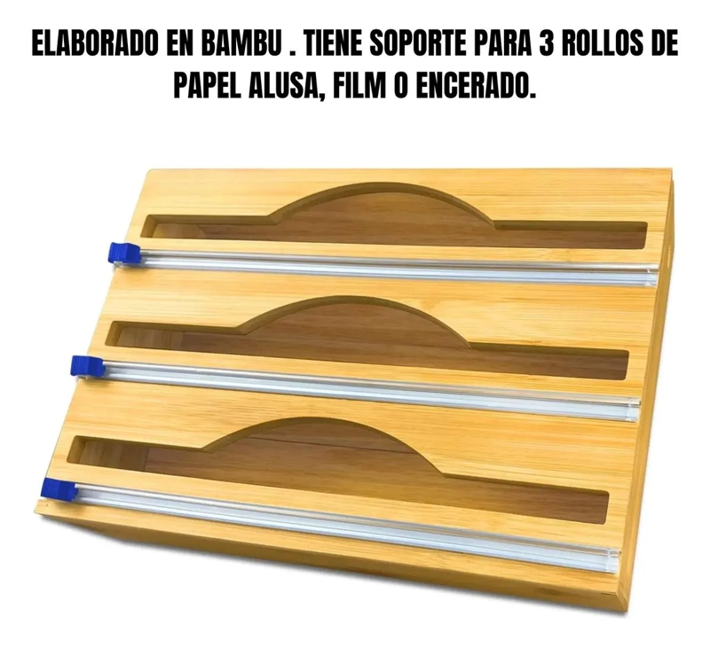 DISPENSADOR TRIPLE SOPORTE PARA PAPEL FILM ENCERADO CON BASE DE BAMBU - 3