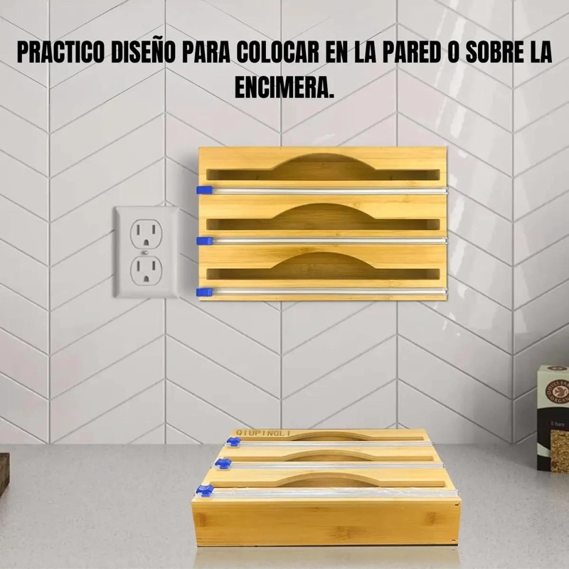 DISPENSADOR TRIPLE SOPORTE PARA PAPEL FILM ENCERADO CON BASE DE BAMBU - 4