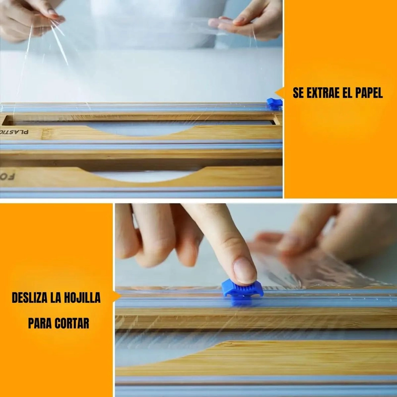 DISPENSADOR TRIPLE SOPORTE PARA PAPEL FILM ENCERADO CON BASE DE BAMBU - 5