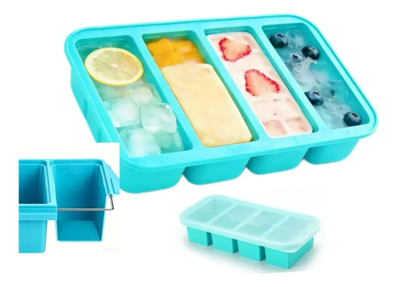 MOLDE DE SILICONA PARA HIELO CON TAPA Y 4 CUBOS GRANDES - 1