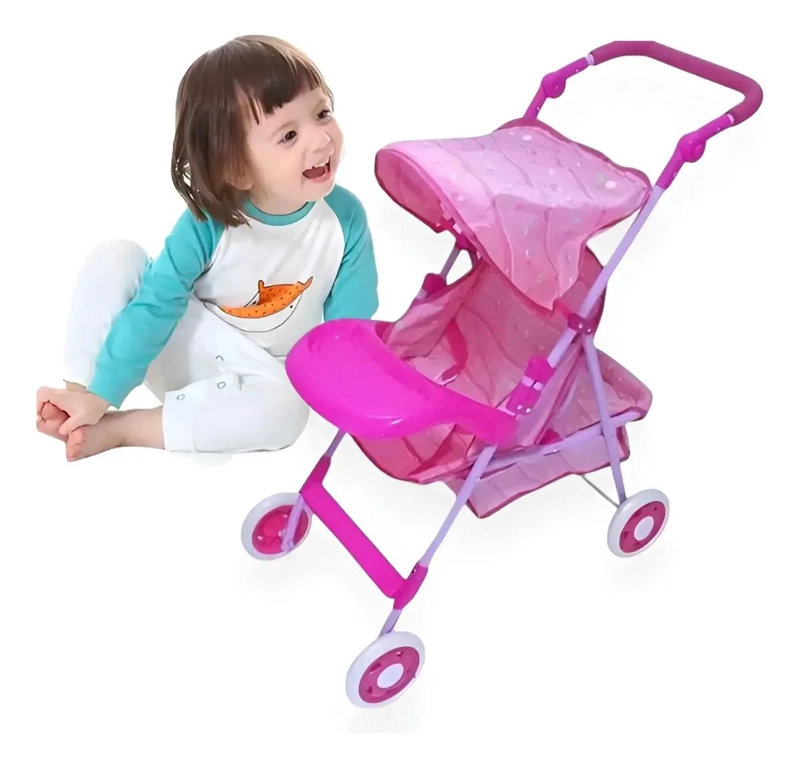 COCHE METALICO PARA MUÑECA CON BANDEJA DOBLE Y RUEDAS RESISTENTES - 1