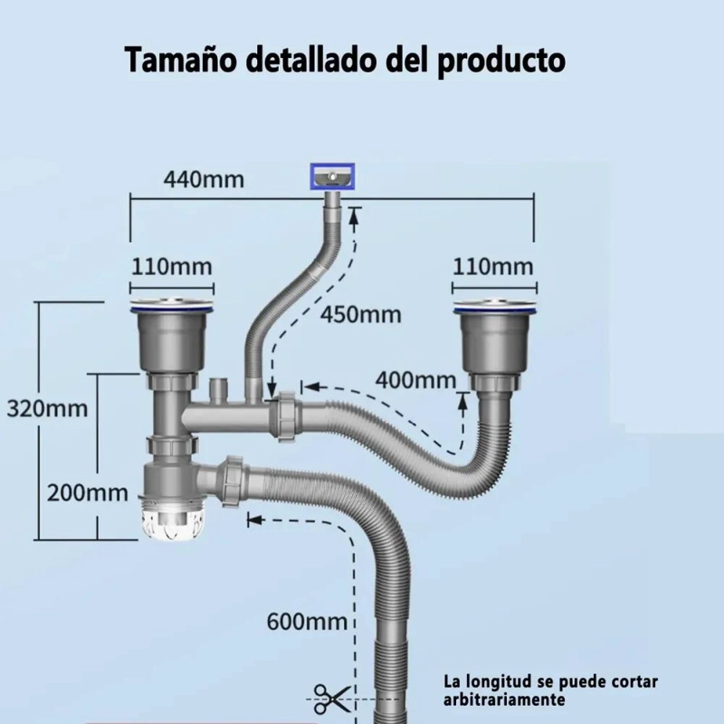 DESAGÜE FLEXIBLE DOBLE PARA FREGADERO DE COCINA Y BAÑO EN ACERO - 3