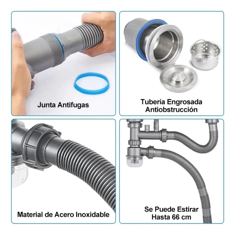 DESAGÜE FLEXIBLE DOBLE PARA FREGADERO DE COCINA Y BAÑO EN ACERO - 5