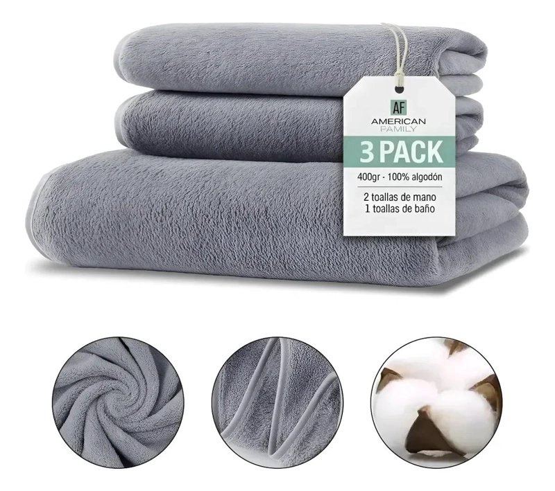 JUEGO DE BAÑO 3 TOALLAS PARA CARA, MANOS Y CUERPO COLOR GRIS LISO - 1