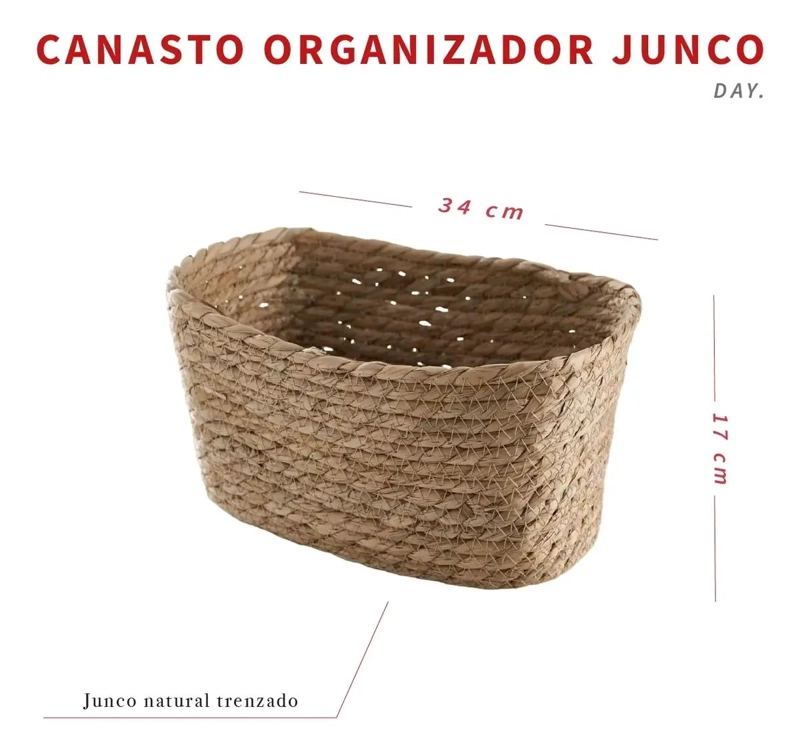 CANASTO ORGANIZADOR DE JUNCO 34X24X17 CM PARA ALMACENAMIENTO - 4