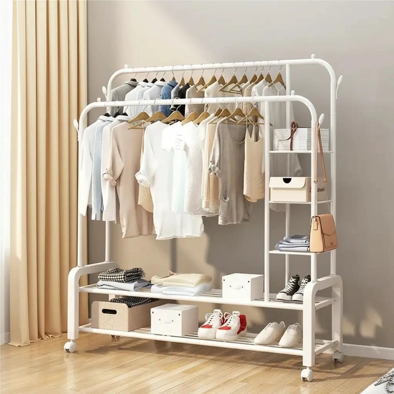PERCHERO ORGANIZADOR DOBLE CON RUEDAS PARA ROPA Y ZAPATOS - 5