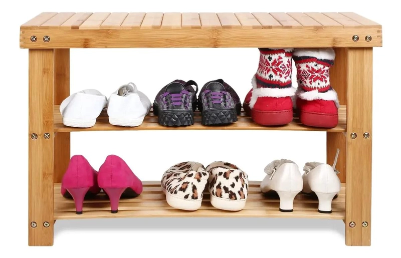 BANCO ORGANIZADOR DE ZAPATOS CON ESTRUCTURA DE BAMBU Y TABURETE - 2