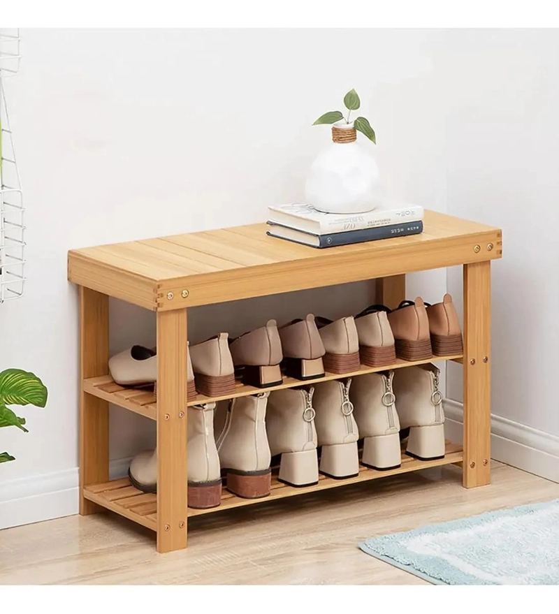 BANCO ORGANIZADOR DE ZAPATOS CON ESTRUCTURA DE BAMBU Y TABURETE - 3
