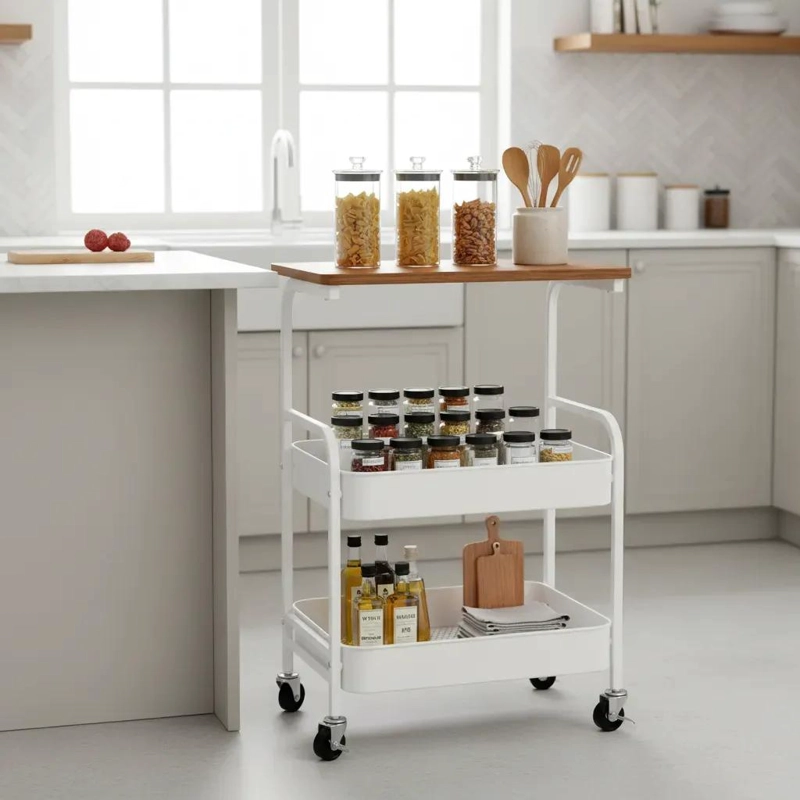 CARRITO ORGANIZADOR MULTIUSO CON 3 NIVELES Y SUPERFICIE DE MADERA - 4