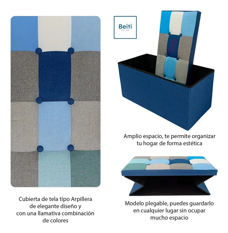 PUFF BAUL PLEGABLE ORGANIZADOR CON TELA RESISTENTE AZUL MIX 76X38 CM - 3