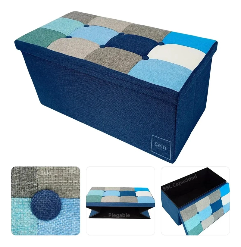 PUFF BAUL PLEGABLE ORGANIZADOR CON TELA RESISTENTE AZUL MIX 76X38 CM - 4