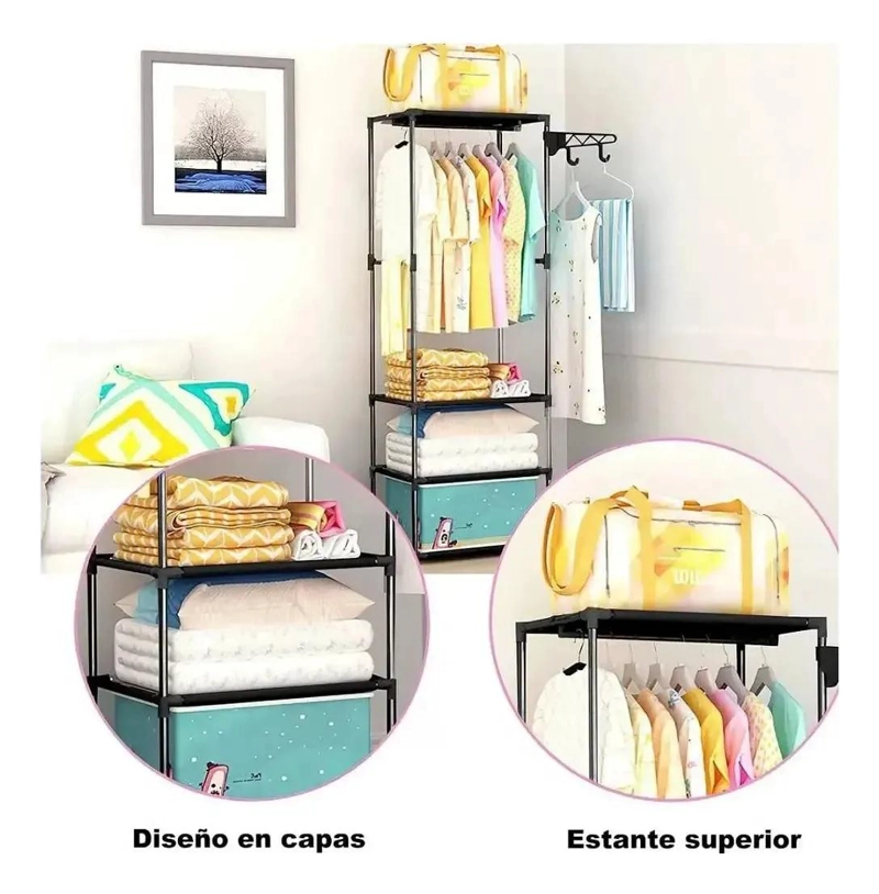 PERCHERO MOVIL CON RUEDAS Y ESTANTE PARA COLGAR ROPA - 3
