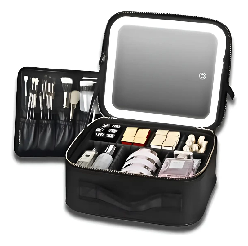 ORGANIZADOR DE MAQUILLAJE PORTATIL CON ESPEJO Y LUZ LED PARA VIAJE - 1