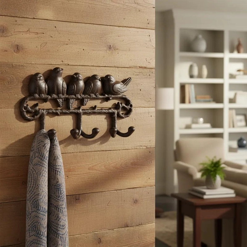 PERCHERO DE PARED CON DISEÑO DECORATIVO DE PAJARITOS EN METAL - 1