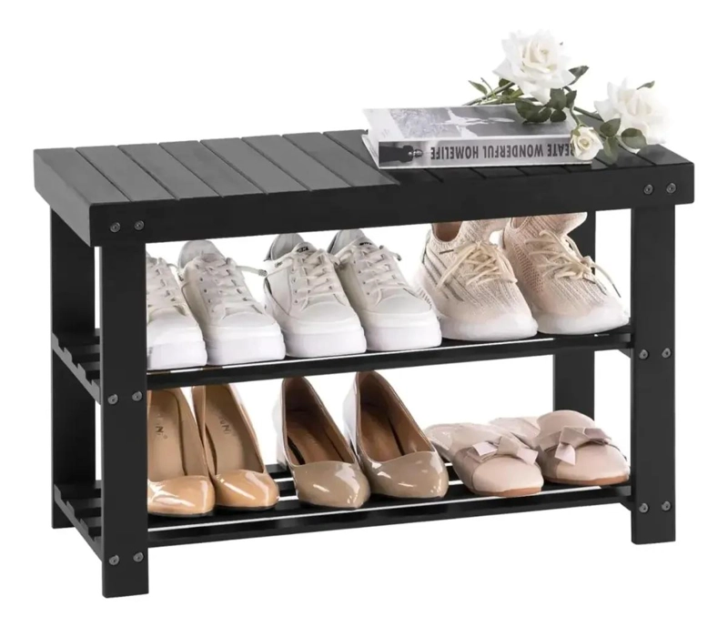 BANCO ZAPATERO ORGANIZADOR DE BAMBU CON DISEÑO NEGRO ELEGANTE - 3
