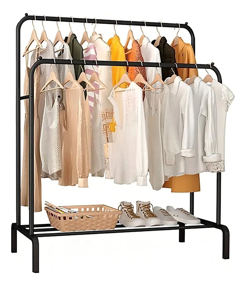 COLGADOR DE ALUMINIO NEGRO CON DOBLE BARRA PARA ROPA - 1