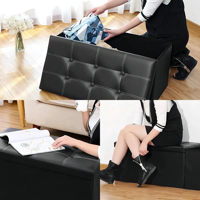 BANQUETA PUFF SILLON DE CUERO SINTE TICO NEGRO CON BAUL ORGANIZADOR - 2