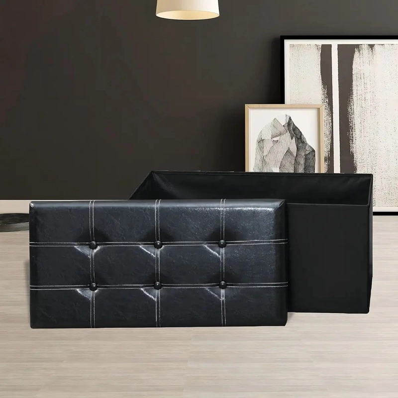 BANQUETA PUFF SILLON DE CUERO SINTE TICO NEGRO CON BAUL ORGANIZADOR - 5