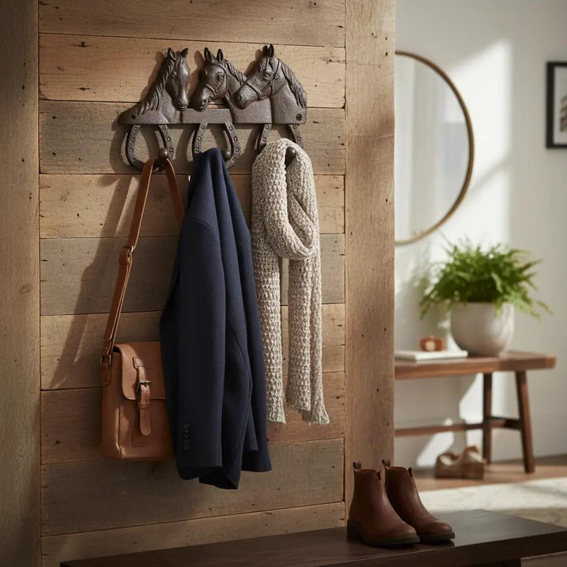 PERCHERO DE PARED CON DISEÑO DECORATIVO DE CABALLOS EN RELIEVE - 1