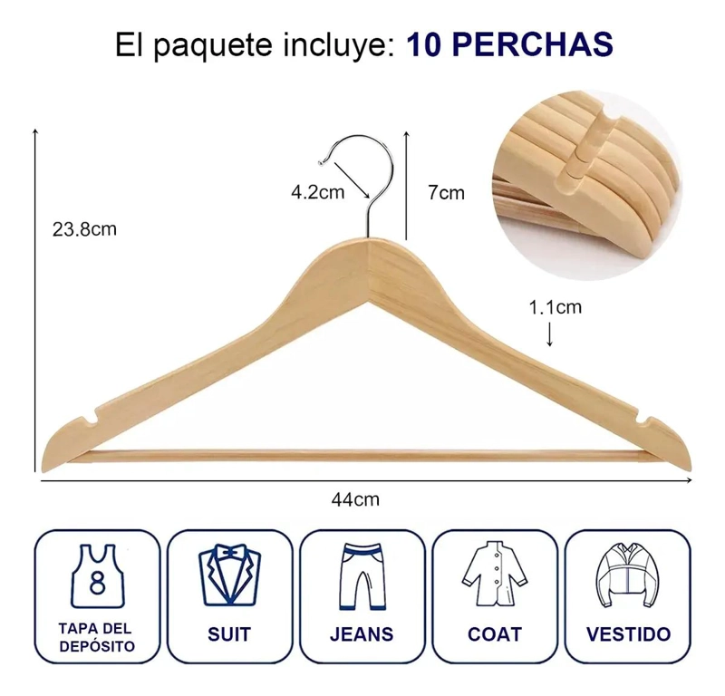 SET DE 50 COLGADORES DE MADERA CON GANCHO ANTIDESLIZANTE PARA ROPA - 3